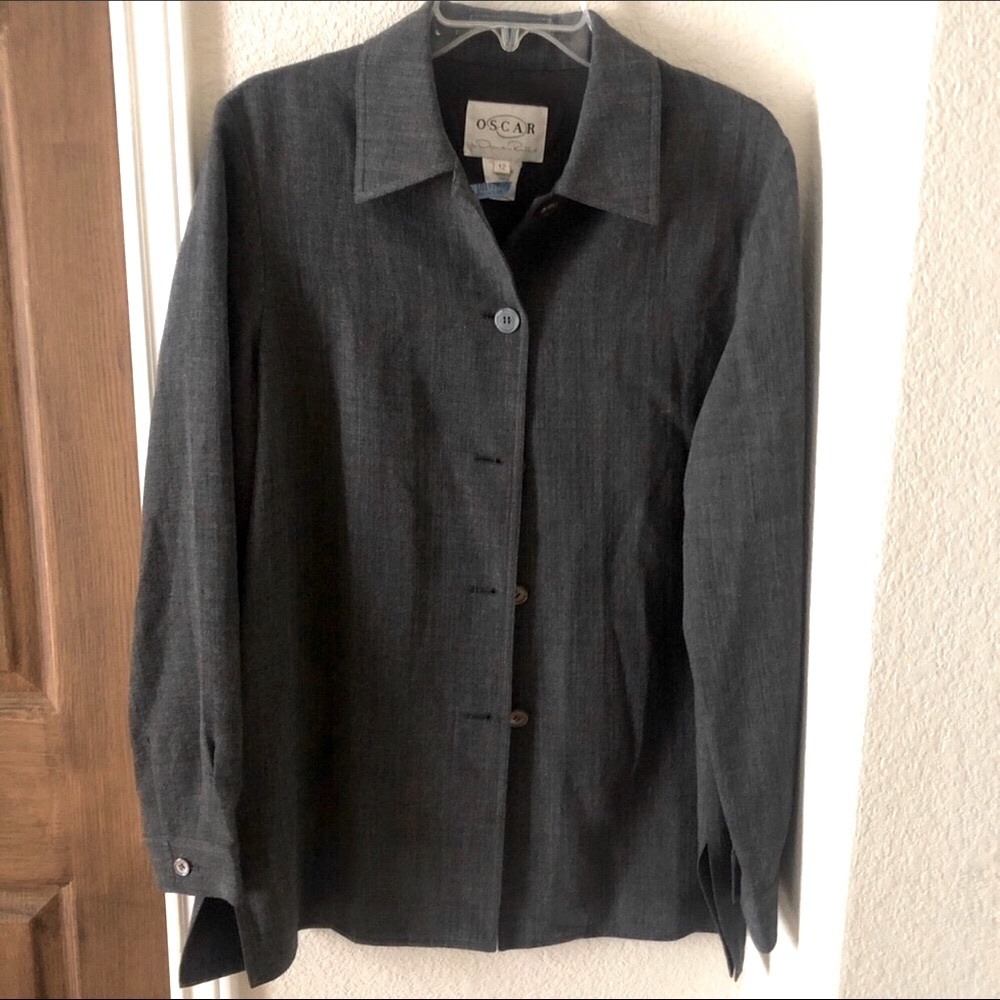 Oscar DeLa Renta Womens Blazer Lagenklook LongLine Grey Wool Blend 12 Minimali